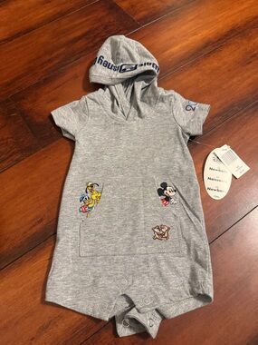 Disney Gray Hooded Baby Romper with Mickey & Friends Embroidery